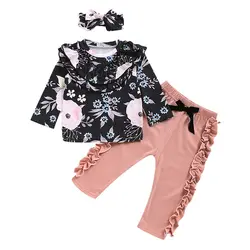 Брюки с длинными рукавами для девочек; повязка на голову; милая рубашка с цветочным принтом; брюки; Комплект из трех предметов; Детский