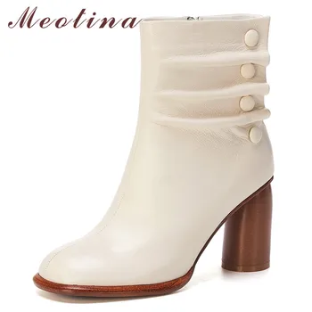 

Meotina Winter Ankle Boots Women Natural Genuine Leather Zip Round High Heels Short Boots Pleated Square Toe Shoes Ladies 33-43