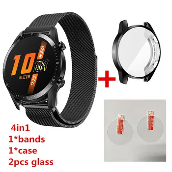

4in1 pack for huawei GT2 46mm strap metal stainless steel watchband bands+gt2 cases TPU full cover protector+ glass screen film