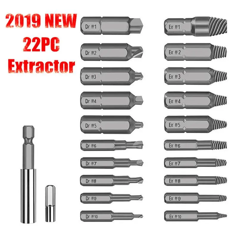 22PC Broken Bolt Damaged Screw Remover Extractor Speed Out Drill Bits Tool Set drill guide set screw remover tool with easy exit