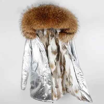 Новое кожаное пальто женский модный теплый кроличий мех супер большой воротник из меха енота длинная куртка Паркера женский - Цвет: 10