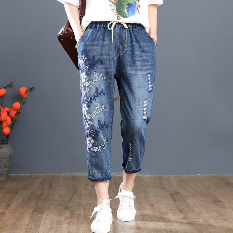 

Plus Size 3XL Vintage Floral Embroidery Harem Denim Pants For Women Boyfriend Loose Jeans Calf-Length Pants Lady Pantalon Femme