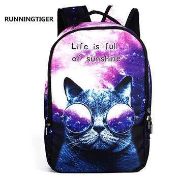 

RUNNINGTIGER Cartoon Cat Backpack Korean Style Women Travel Backpack High Quality Polyester Printing School Bag Light Purple