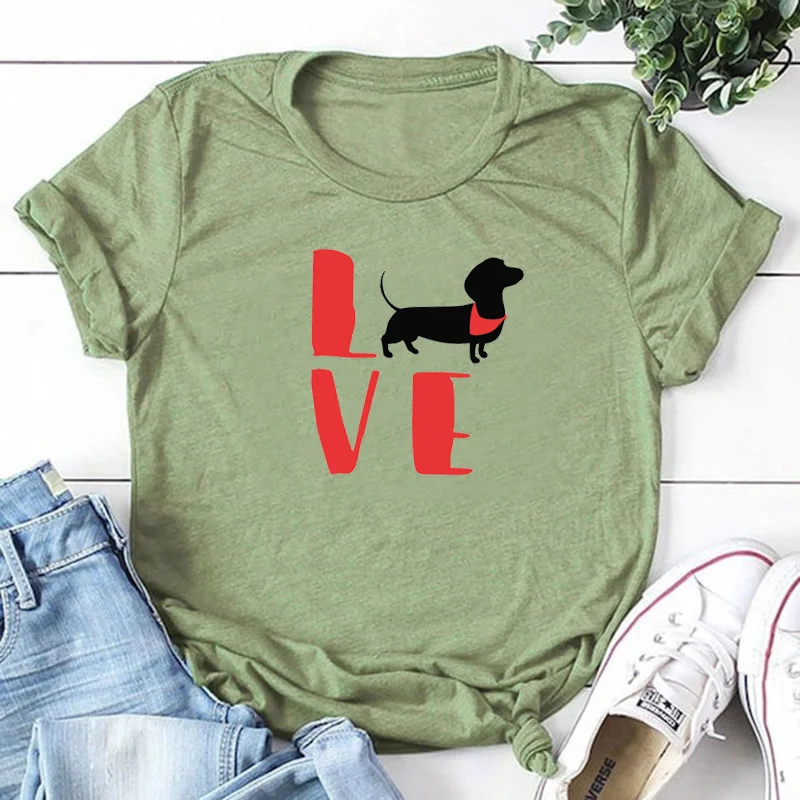 Зеленый Футболка с принтом «Love Dogs» для женщин, хлопковая Футболка с принтом таксы, футболка с короткими рукавами, Kawaii, одежда для влюбленных животных, топы, футболка, Прямая - Цвет: Зеленый