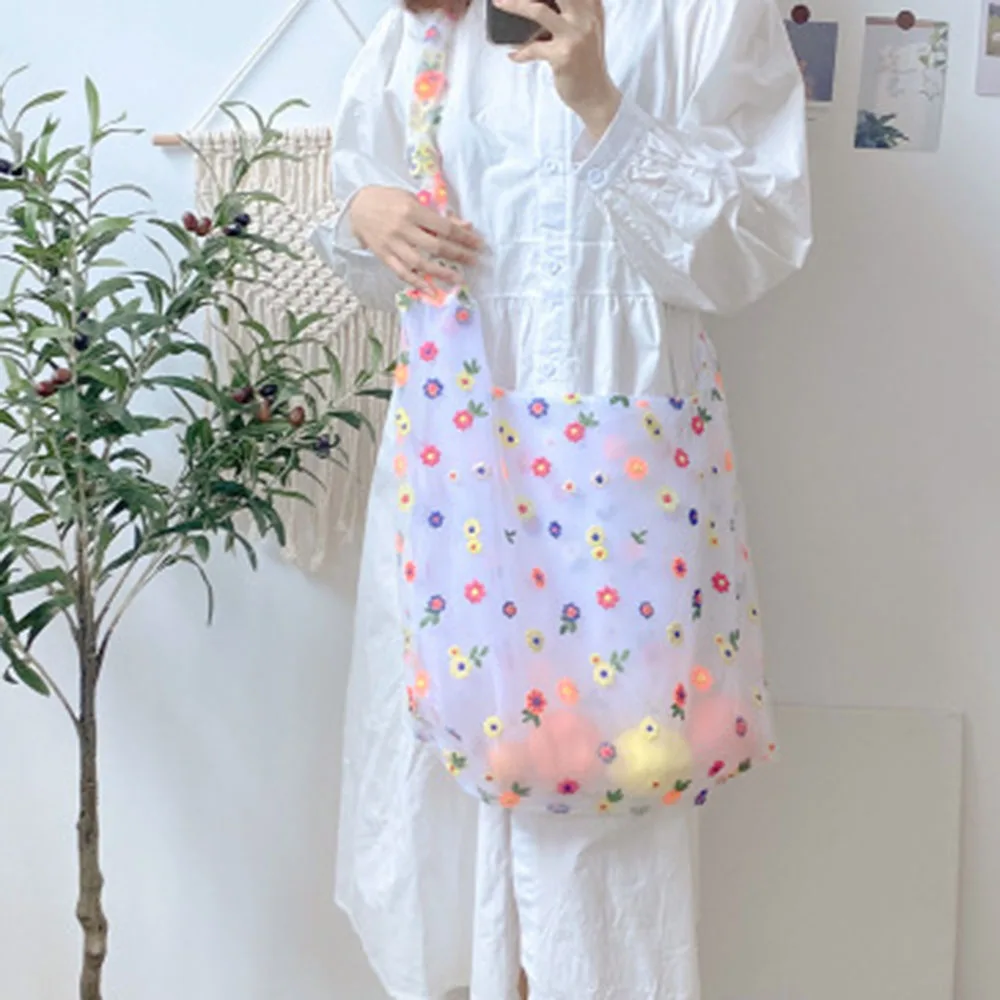 

New Ins Organza Large-Capacity Shoulder Shopping Bag Lace Mesh Bag Reusable Foldable Totes Women Clear Storage Handbag