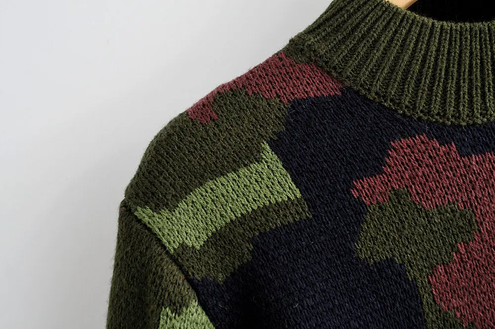 Увядшие зимние свитера для женщин pull femme английский стиль high street elstic camouflage с круглым вырезом короткие свитера женские пуловеры Топы