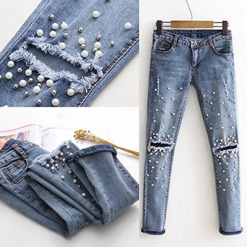 

Hot Sale Trousers Girls Jean Plus Size Fashion Destroyed Ripped pearled Slim Denim Girls Pants Boyfriend Women Jeans