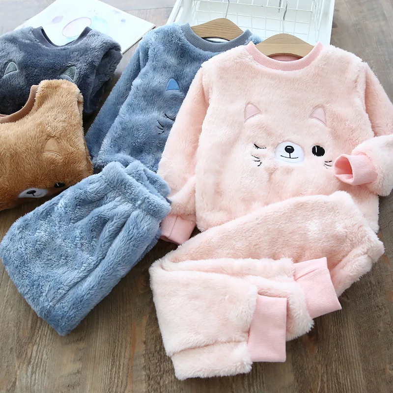 Autumn Winter Kid Flannel Pajamas For Children Plus Velvet Thicken Pajamas Warm Leisure Homewear Boys Set Cute Girls Clothes Set