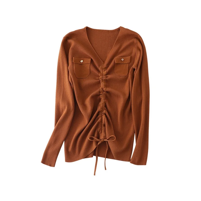 Женские пуловеры больших размеров, осенние женские базовые Топы на пуговицах с карманами, дизайнерские вязаные свитера с длинным рукавом и v-образным вырезом, женские AA5063