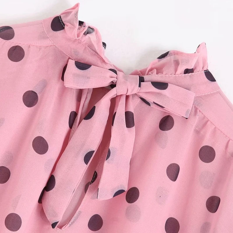 Женская шифоновая блузка в горошек розовая Повседневная Блузка с бантом на спине