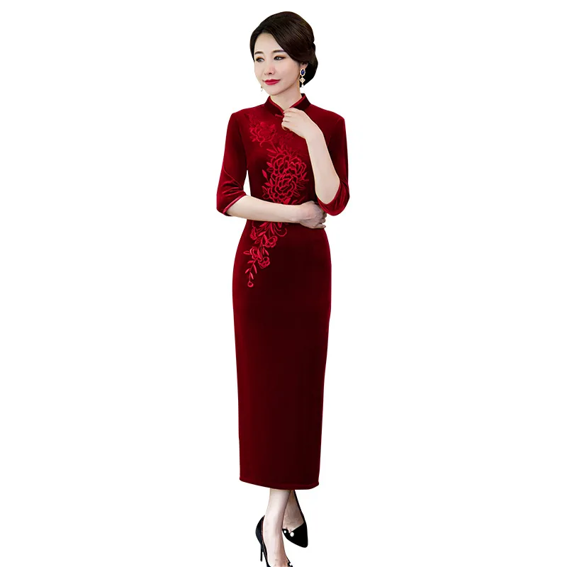 Большой Размер 3XL 4XL осень Новое поступление Винтаж Половина рукава Cheongsam сексуальное женское официальное длинное платье с цветочным принтом велюр Qipao