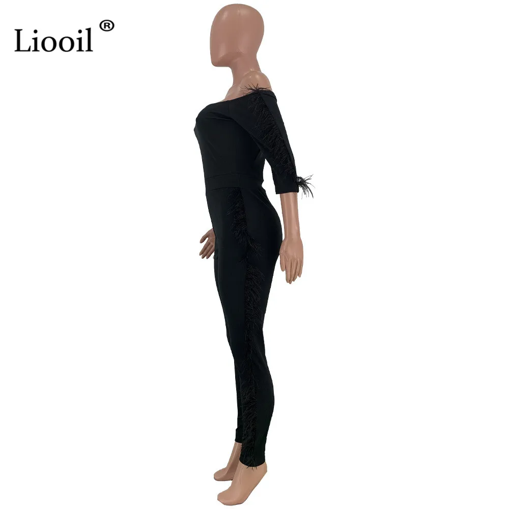 Liooil, черный, белый, перо, Сексуальные Обтягивающие Комбинезоны для женщин,, с длинным рукавом, с открытыми плечами, вечерние, Клубные комбинезоны, обтягивающие боди
