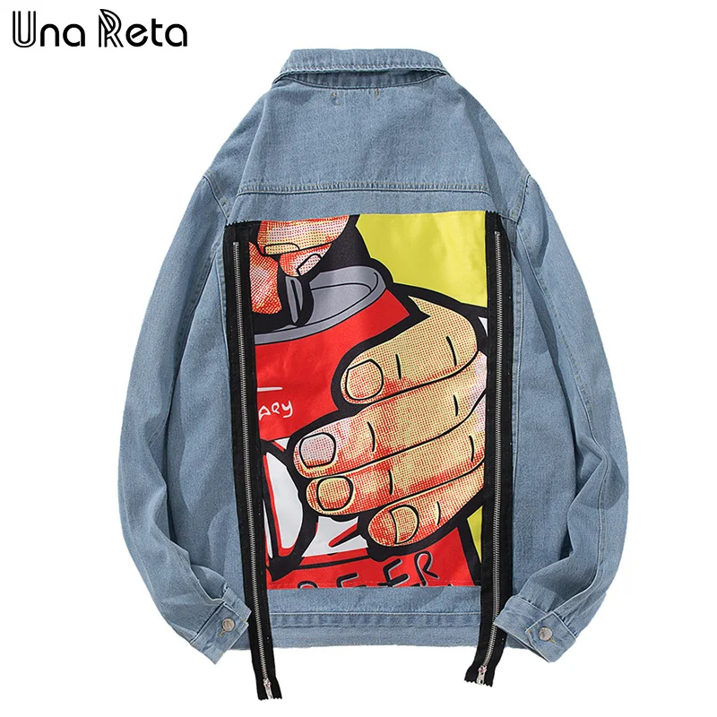Una Reta джинсовая куртка для мужчин Уличная джинсы с принтом Куртки мужские осень принт плюс размер повседневная с длинным рукавом хип хоп куртка пальто - Цвет: Blue 2