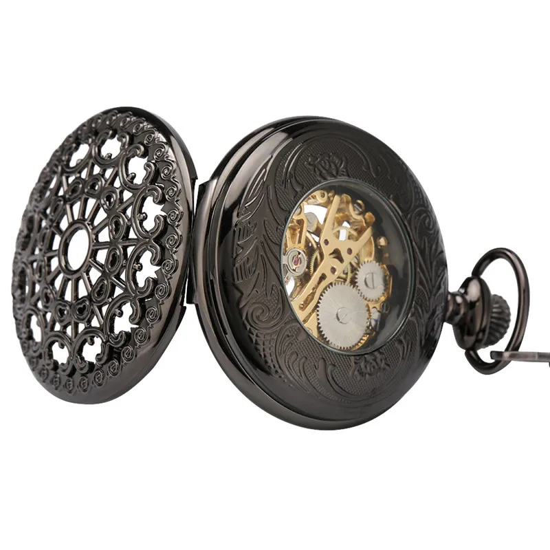 Antique Black Hollow Spider Web Hand Winding Mechanical Pocket Watch Luxury Roman Numerals Display FOB Chain Pendant Clock Gift