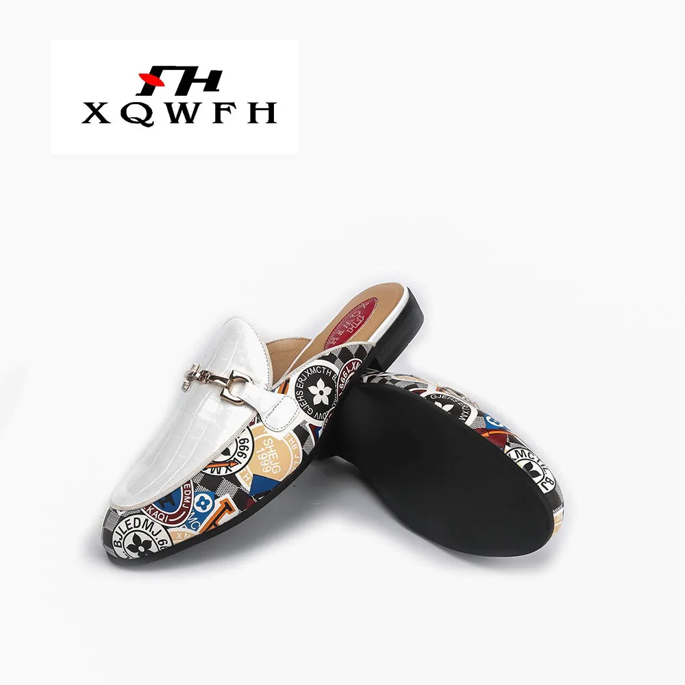 XQWFH/белые кожаные шлепанцы; мужские слипоны с принтом на плоской подошве; мужские повседневные туфли ручной работы; мужские домашние сандалии из натуральной кожи