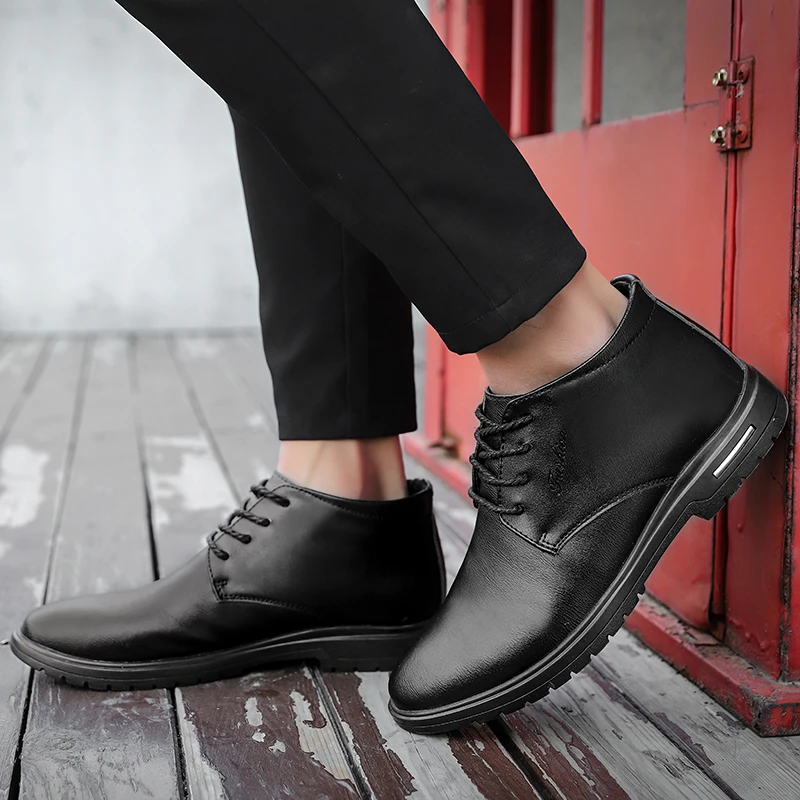 Новые зимние ботинки высококачественные кожаные теплые мужские ботинки на меху в деловом стиле Повседневные Плюшевые ботильоны ботинки «Челси» Большие размеры 38-47