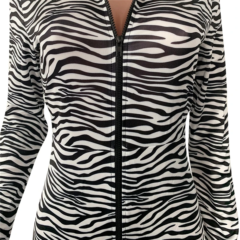 Tsuretobe Autumn Bodycon Zebra Pattern Jumpsuit Women Fashion Long Sleeve Romper With Zipper Slim Party Overalls Female Outfits