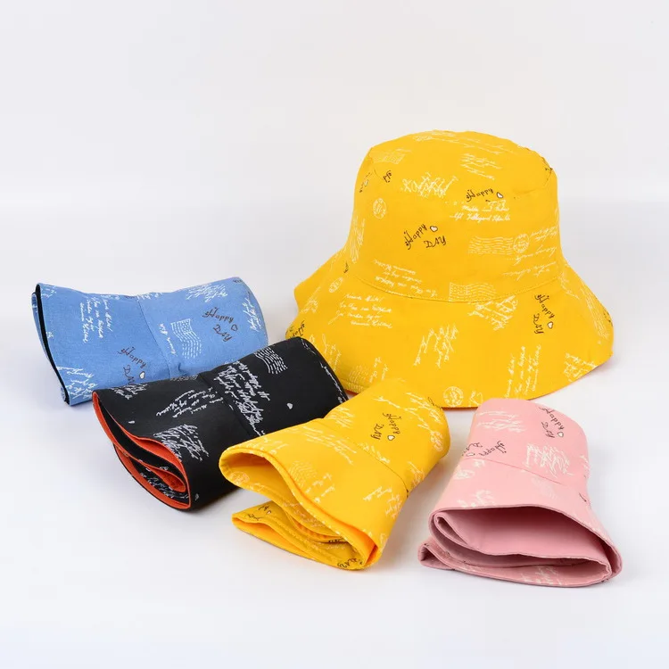 

2020 Two Side Reversible Cute Letters Hearts Bucket Hat Summer Women Cotton Cap Outdoor Fashion Beach Bob Sun Female Panama Hat
