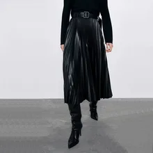 Осенняя Женская юбка, пояс, украшение, повседневные однотонные плиссированные юбки из искусственной кожи