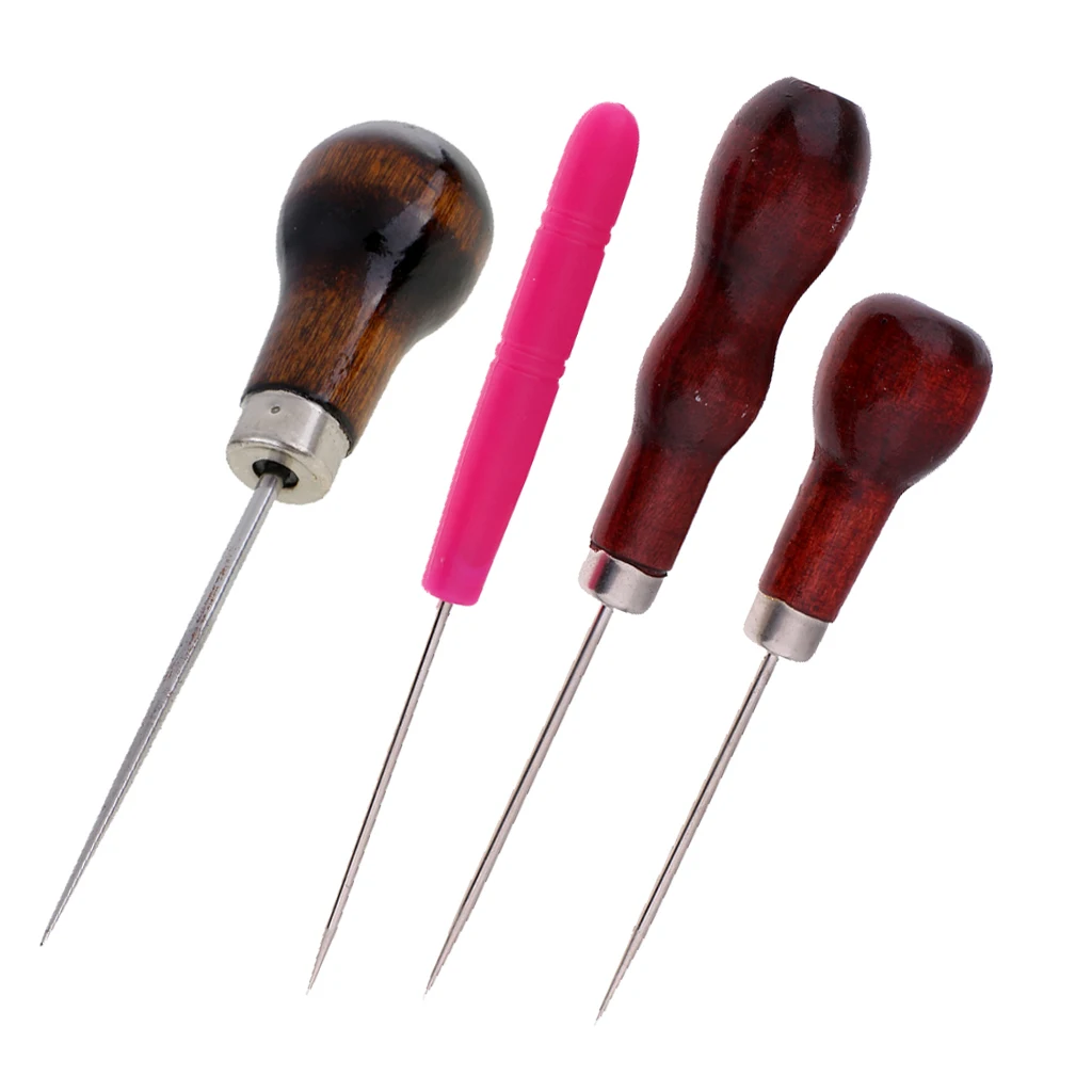 4X Plastic Wooden Handle Tailor's Awl Tool for Beading, Carving, Stitch Repair, Leather Work, Piercing Holes and Shoemaking