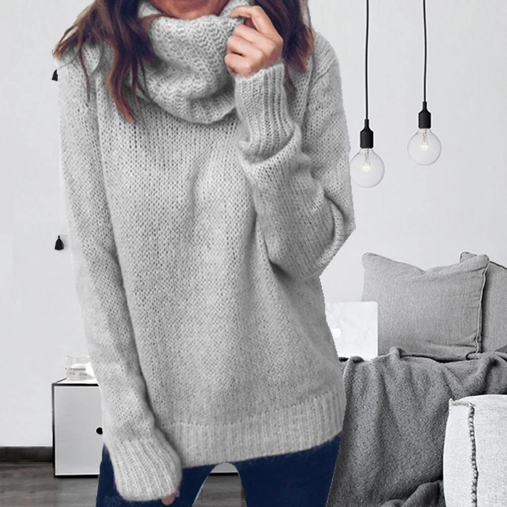 Свитер с воротником-шарфом, повседневный однотонный вязаный пуловер, женский свитер, женские теплые толстые модные топы