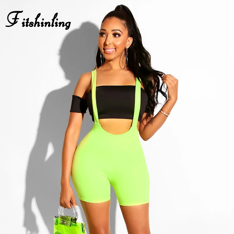 

Fitshinling Casual Fitness Short Overalls Playsuits 2020 Athleisure Neon Green Jumpsuits Dungarees Workout Athleisure Rompers