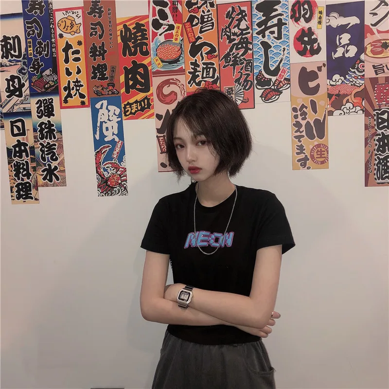 Lychee Harajuku клетчатая женская футболка с буквенным принтом, короткий рукав, укороченный топ, женская футболка, свободные женские футболки, футболки