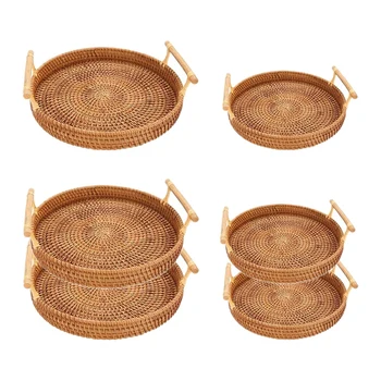 

NEW-2 Pack Handmade Rattan Round Woven Basket, Serving Tray with Handles, Perfect for Display Bread or Fruit