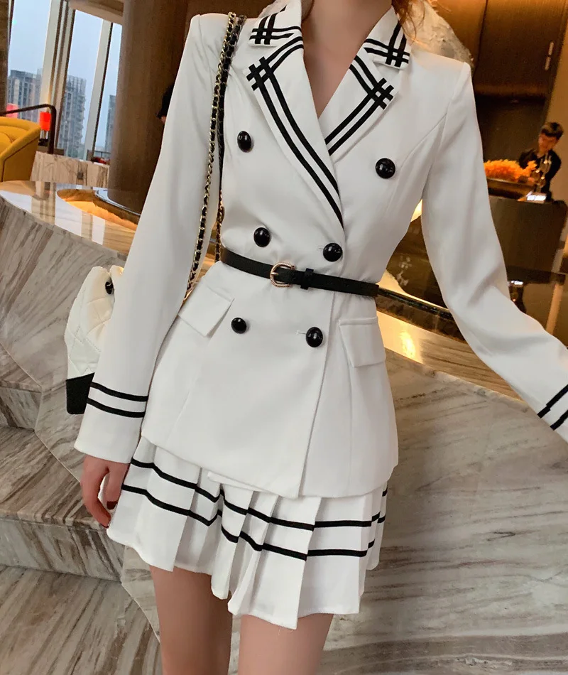 2 Piece Set Autumn Vintage Women Suit Sweet White Full Sleeve Suit Top and Pleated Skirt Office Two Piece Set Elegant Vestidos