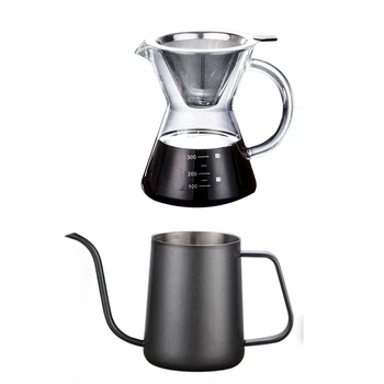 

Thicker Long Mouth Hand Coffee Pot Stainless Steel & 400Ml Pour Over Coffee Maker Drip Thicken Glass Stainless Steel
