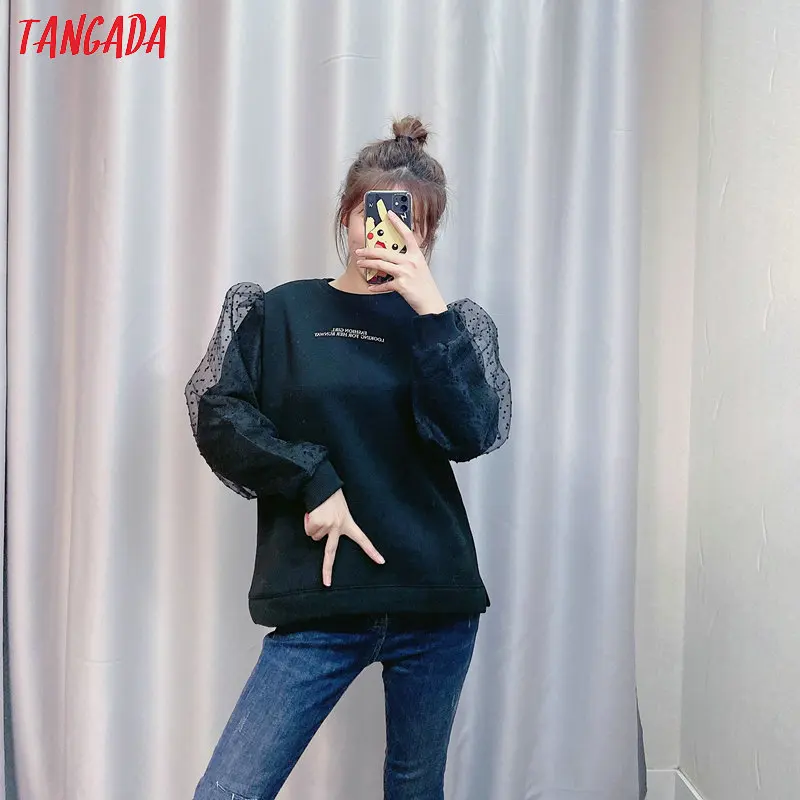Tangada женские модные сетчатые Лоскутные свитшоты с буквенным принтом Большие размеры с длинным рукавом и круглым вырезом свободные пуловеры Топы CE225