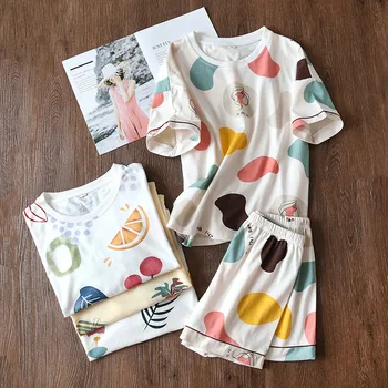 

Summer Newest Style Ladies Pyjamas Pullover Short-sleeved Shorts Pajamas Home Suit Loose Comfortable Knitted Cotton Home Clothes