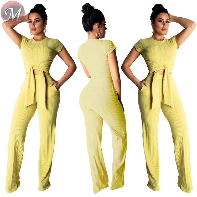 9040123 women fashion casual solid top and wide leg pants two piece set women clothing