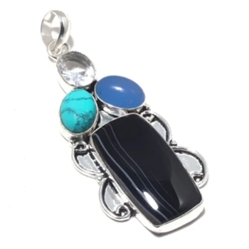

Botswana Agate + Turquoise Pendant Silver Overlay over Copper , Hand made Women Jewelry Gift