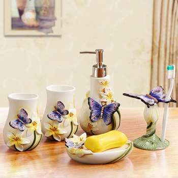 

Ceramic Flower Romantic Butterfly 5-piece Soap Holder Set Toothpaste Toothbrush Holder Shower Bathroom Accessories Storage Jar