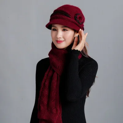 New Winter Women Rabbit Fur Hat Scarf Set Lady Warm Wool Knitted Plush Hat Scarf Crochet Sets Beanie Mother Caps Scarf Shawl Gif - Цвет: wine red