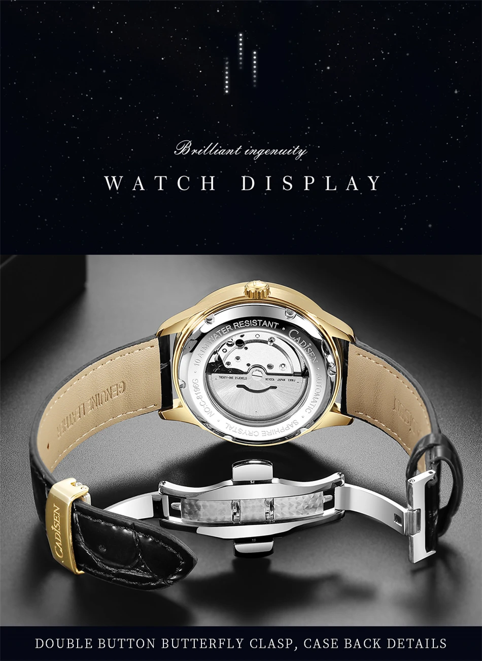CADISEN New Pilot Series Men's Watch Luxury Sapphire Glass 100M Waterproof Automatic Watch Stainless Steel Mechanical Wristwatch