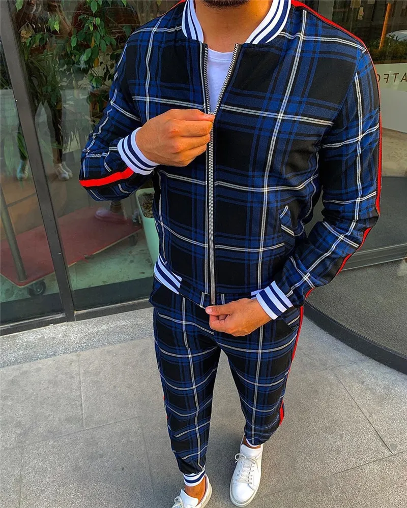 

2020New fall men's European and American Sets3D plaid blazer and sweatshirt with Hooded legs and slim trousers Men's sSets