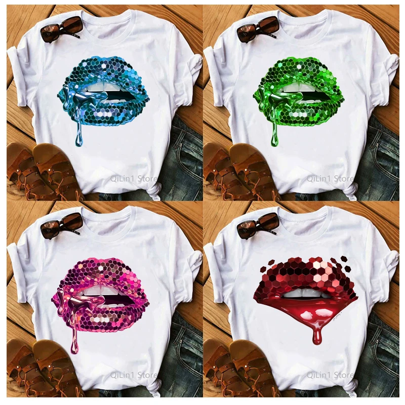

T Shirt Women Sexy Sequins Lip Print Tee Shirt Femme Make Up Lover Birthday Gift Girls Aesthetic Clothes Summer Top Custom