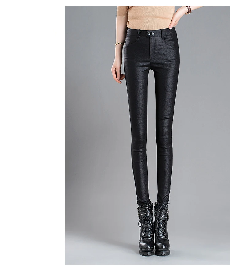 Черные женские кожаные брюки, зимние теплые брюки из искусственной кожи, бархатные теплые брюки из искусственной кожи, женские эластичные брюки с высокой талией, новые женские брюки