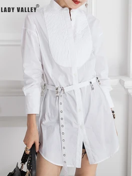 

Chest pleat craftwork straps waist waist mid-length shirt ladies spring loose fashion versatile temperament tops