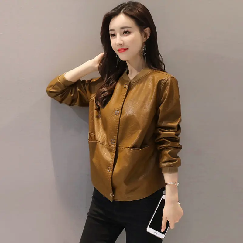 

2020 Short Spring New women motorcycle jacket Loose Pu Leather Jacket Black Red Caramel Brown Color Female Coat