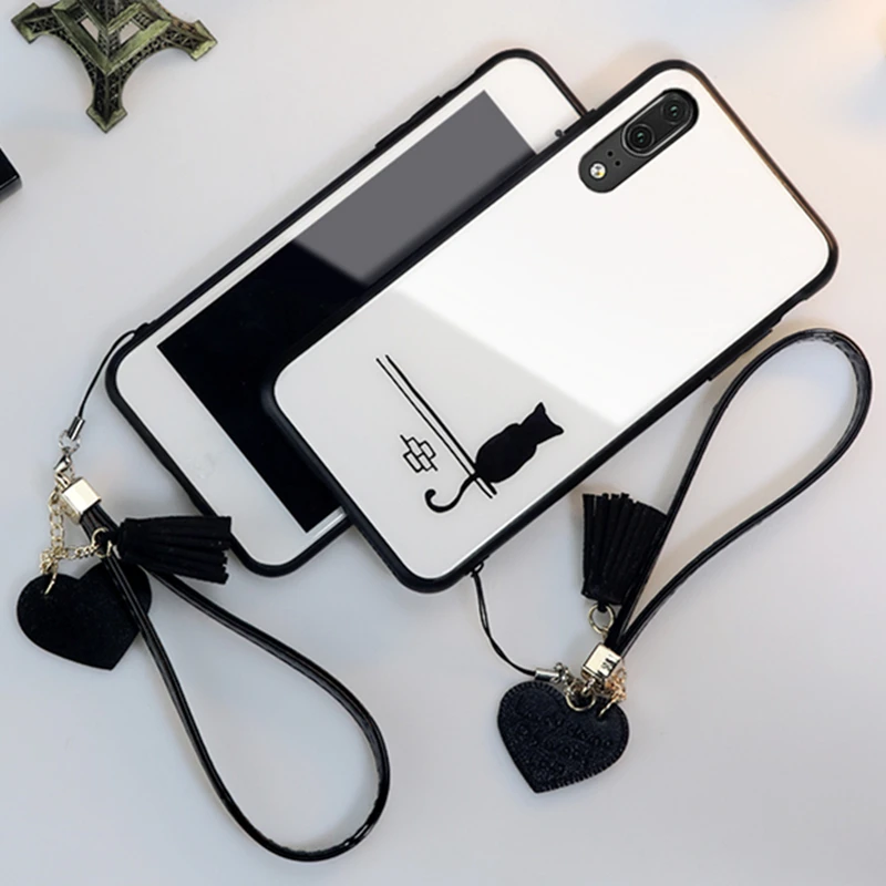 Для samsung Galaxy A90 A80 A70 A60 A50 чехол и ремешок стеклянный жесткий чехол для samsung M40 A70 A50 A80 простой милый Кот Шнур funda