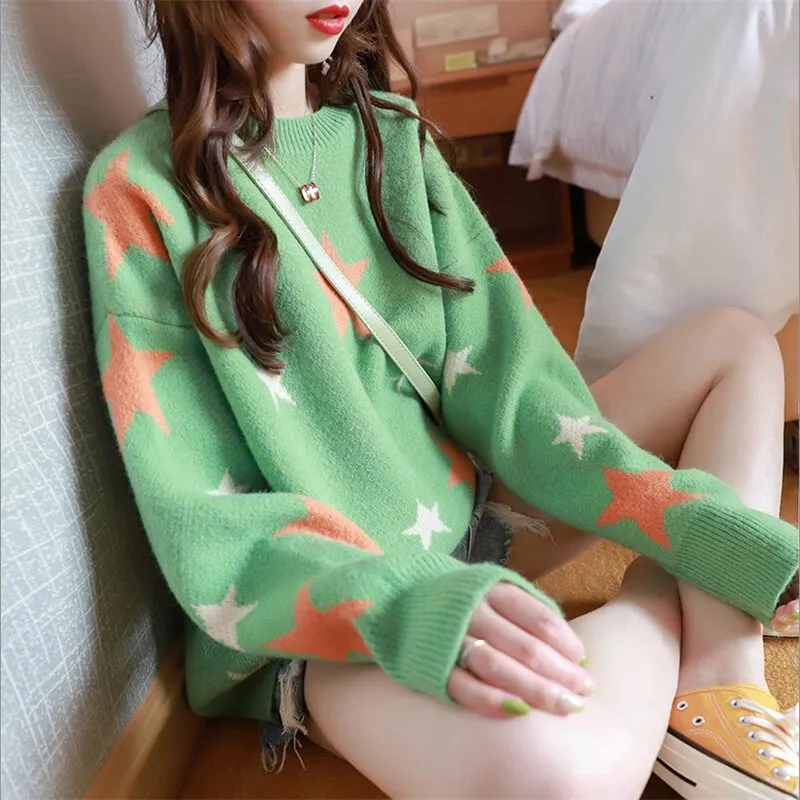

2019 Knit top spring and autumn solid Pentagram pattern line full sleeve wild loose pullover women's wear