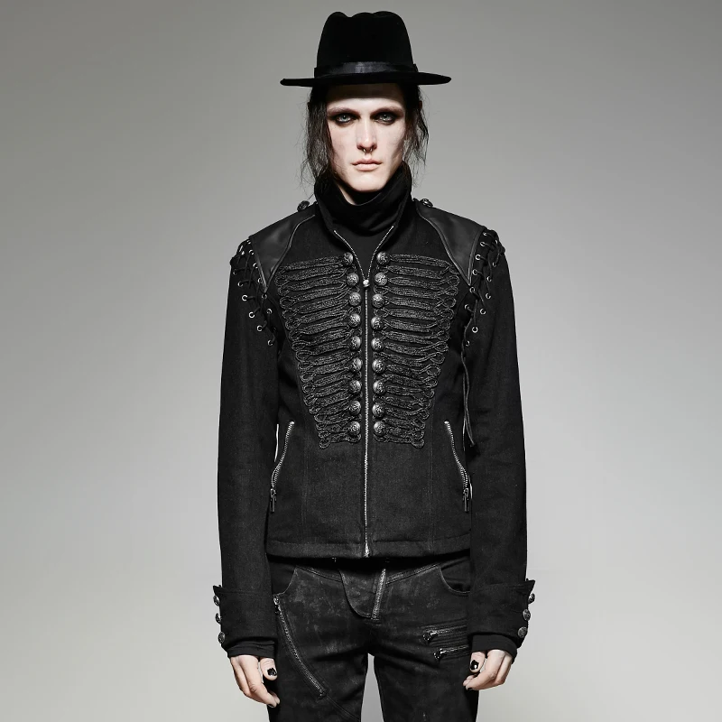 

PUNK RAVE Men's Military Unioform Short Coat Motorcycle Handsome Personality Stage Performace Black Jacket