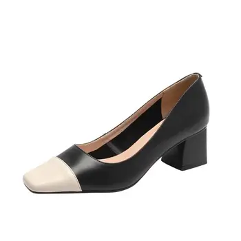 

spring autumn fashion women shoes leather color matching fabric comfortable inside 6CM thick high heel casual work shoes women