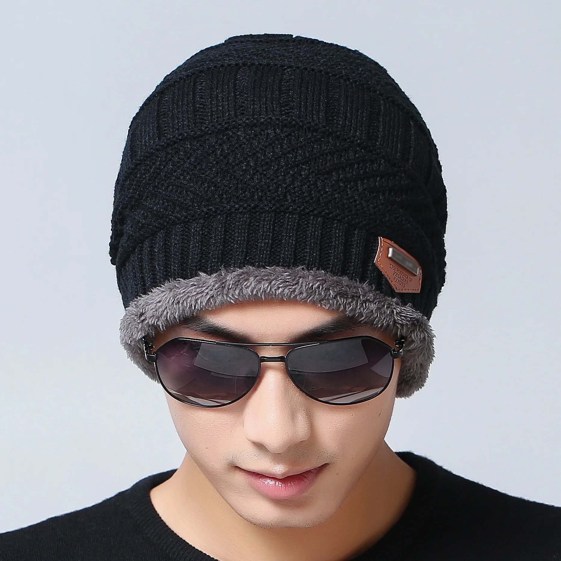 Black hat 1pcs Зимняя вязаная шапка, шарф, набор, Мужская однотонная теплая шапка, шарфы, мужские зимние уличные аксессуары, шапки, шарф, 2 штуки - Цвет: Black hat 1pcs