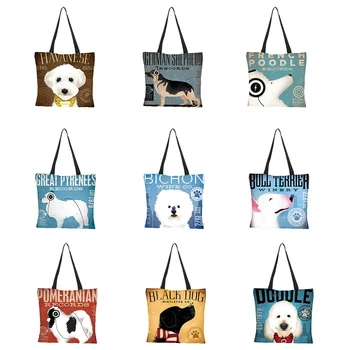 

Customized ladies shopping linen bag shoulder bag double-sided printing animal text dog pattern reusable folding leisure 43*43cm