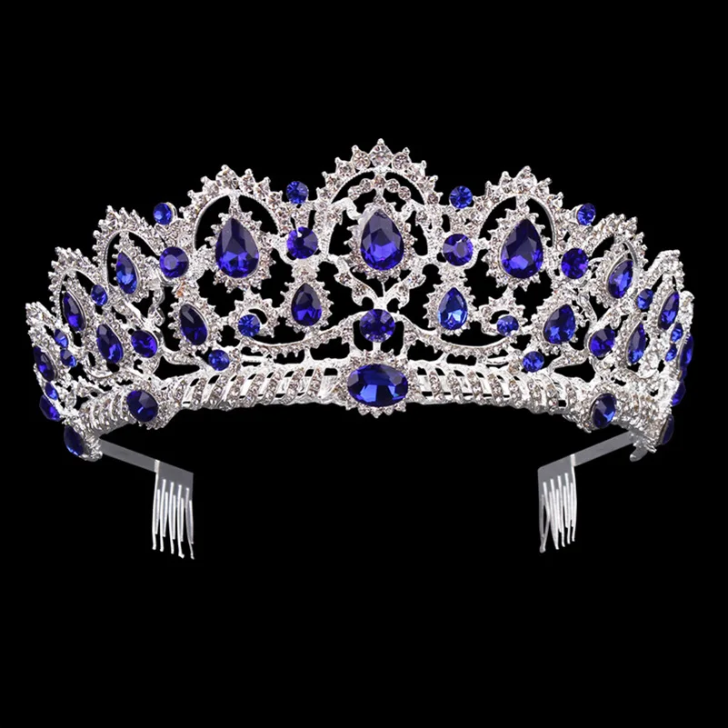Роскошная свадебная тиара, большие стразы, кристалл, Королевская корона, свадебные аксессуары для волос, диадема, головная повязка, пышные украшения для волос, головной убор - Окраска металла: Silver Blue Comb