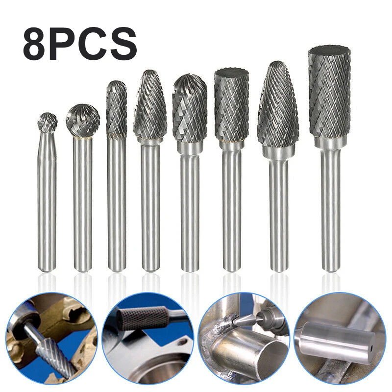 8Pcs Shank Double Cut Tungsten Steel Rotary File Bit Set For Die Grinder Carving Cylindrical Shape Abrasive Tools